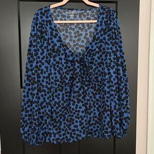 Ava & Viv Blue and Black Polka Dot Tie Front, Long  Sleeve Blouse. Size 2X=20/22